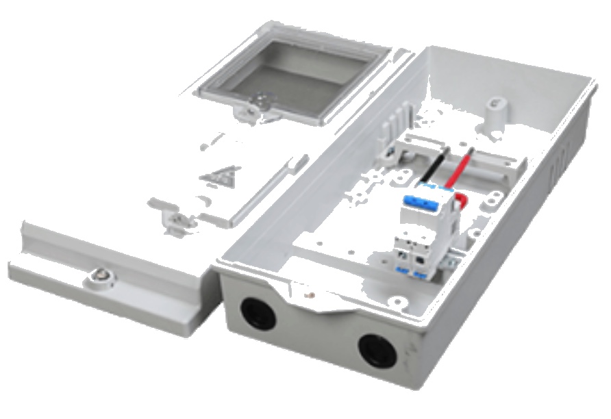 Arotob GFRP meter box with two-pole main breaker and transparent viewing window, used for DIN-rail meters