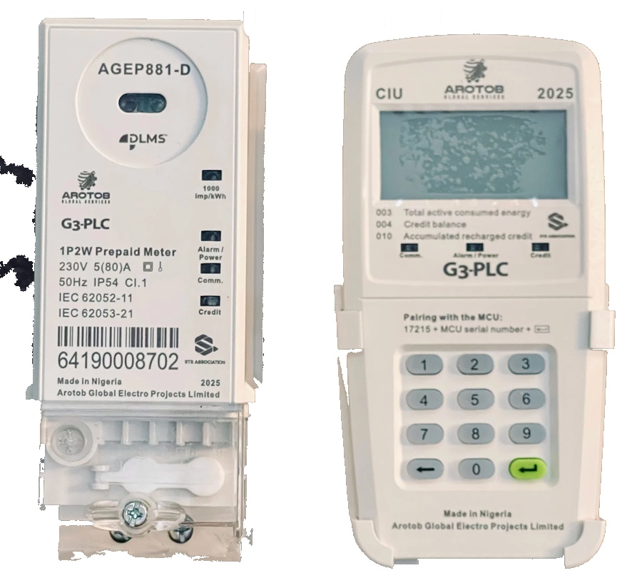 Arotob AGEP881-D G3-PLC 1P2W DIN-rail split STS prepaid meter, Arotob-branded, with customer keypad unit